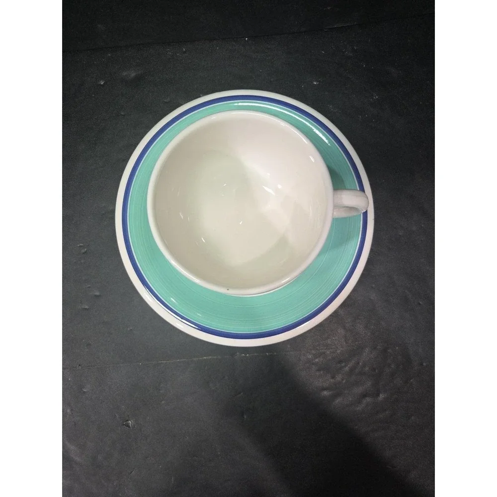Pier 1 Turquoise Hand Painted Bright Striped Coffee Mug & Saucer, Kitchen Decor‎
